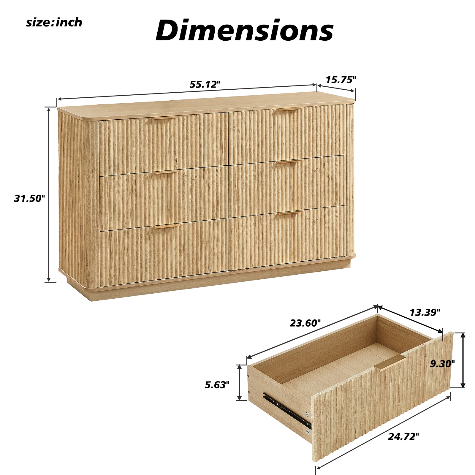 6 Drawers Dresser,55" Wide Modern Chest of Drawers Curved wave Design, Dresser TV Stand, Wood Drawer Organizer for Bedroom, Living Room, Hallway, Walnut,55.12''W x 15.75''D x 31.5''H. image 6