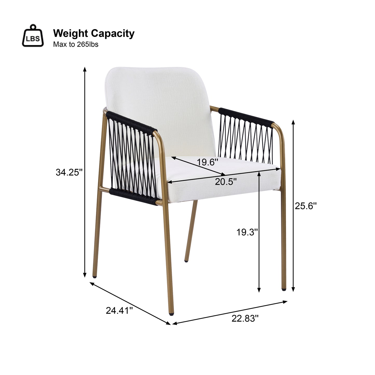 Modern Glam Upholstered Dining Chairs (Set of 2),Gold Metal Frame with Black Woven Armrests, Beige Fabric Seat image 2