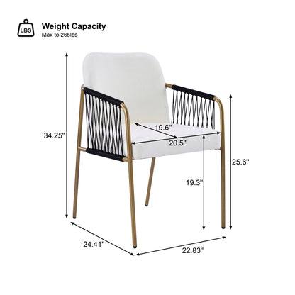 Modern Glam Upholstered Dining Chairs (Set of 2),Gold Metal Frame with Black Woven Armrests, Beige Fabric Seat image 2