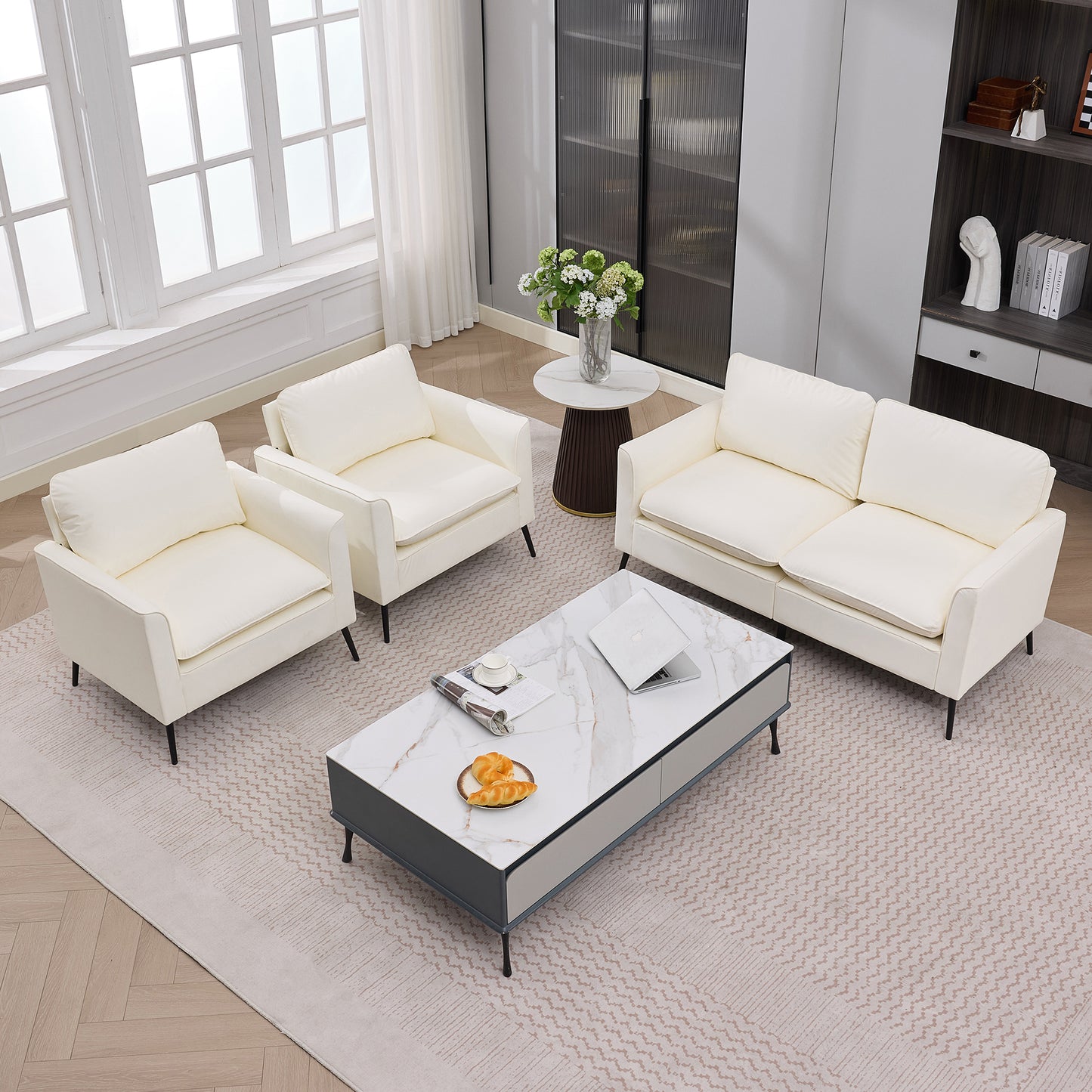 TS Cat paw leather upholstered sofa loveseat,Nordic retro light luxury living room balcony bedroom single casual sofa chair Double sofa + two pack combination(Cream White) image 7