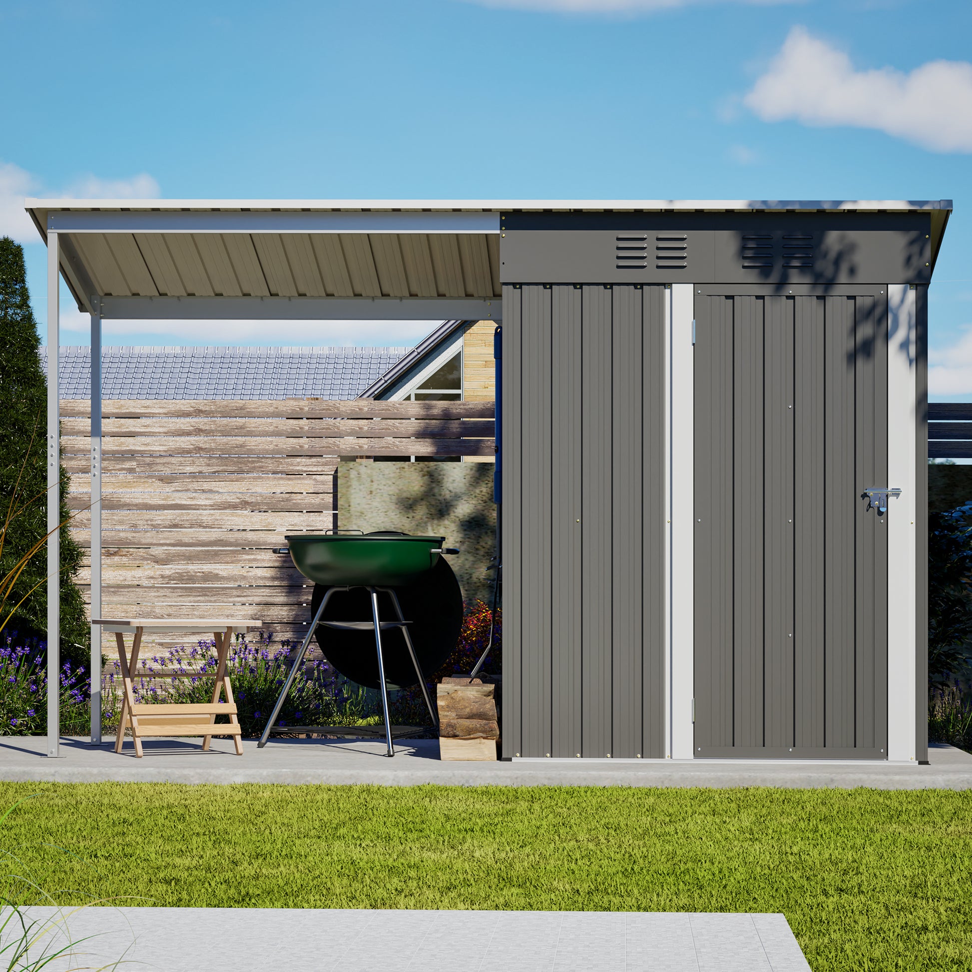 Durable 5x3FT Galvanized Steel Shed & Gazebo Combo, Easy Assembly Lean-To Storage with Open Pergola, All-Weather 2-in-1 Garden Shed for Tool Storage, Patio, Backyard image 9