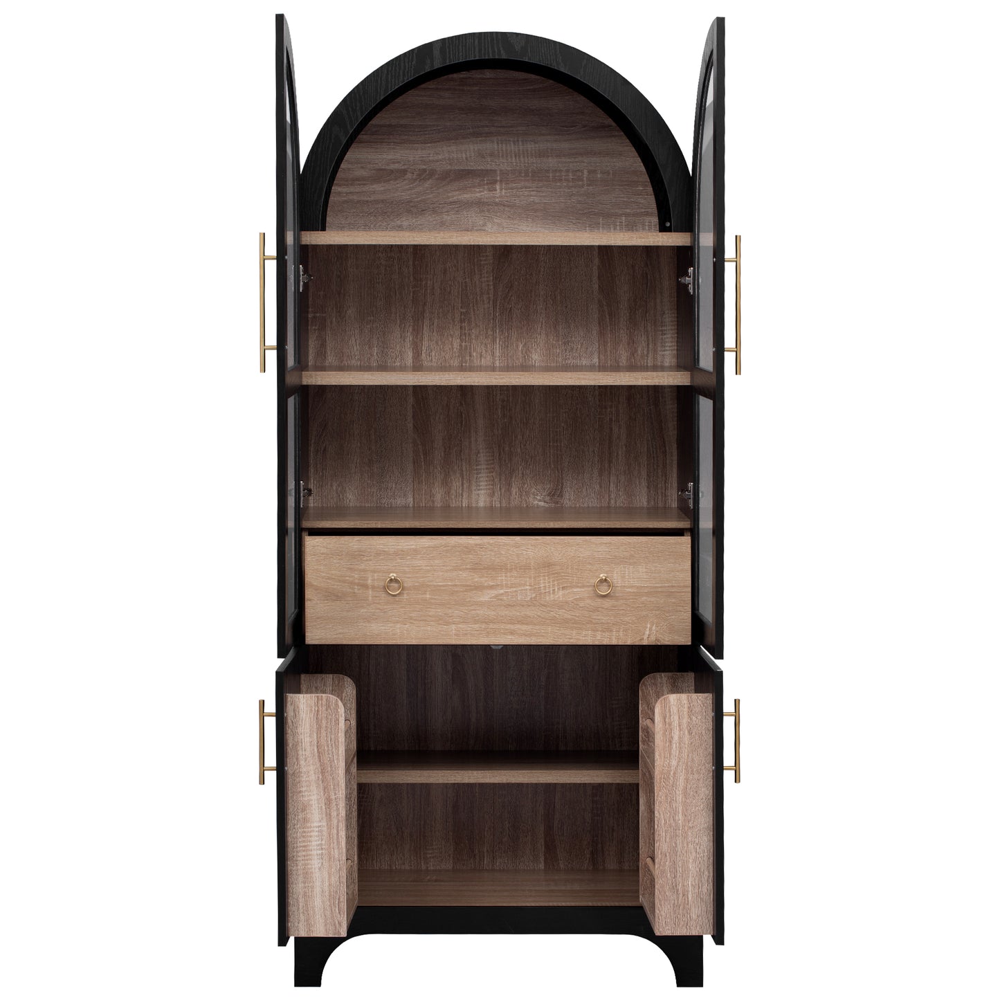K&K 71" Tall Arched Kitchen Pantry Cabinet with Door Shelves, Farmhouse Kitchen Storage Cabinet with Open & Adjustable Shelves, Hidden Drawer & Glass Door, Cupboard for Kitchen, Dining Room, Black image 6