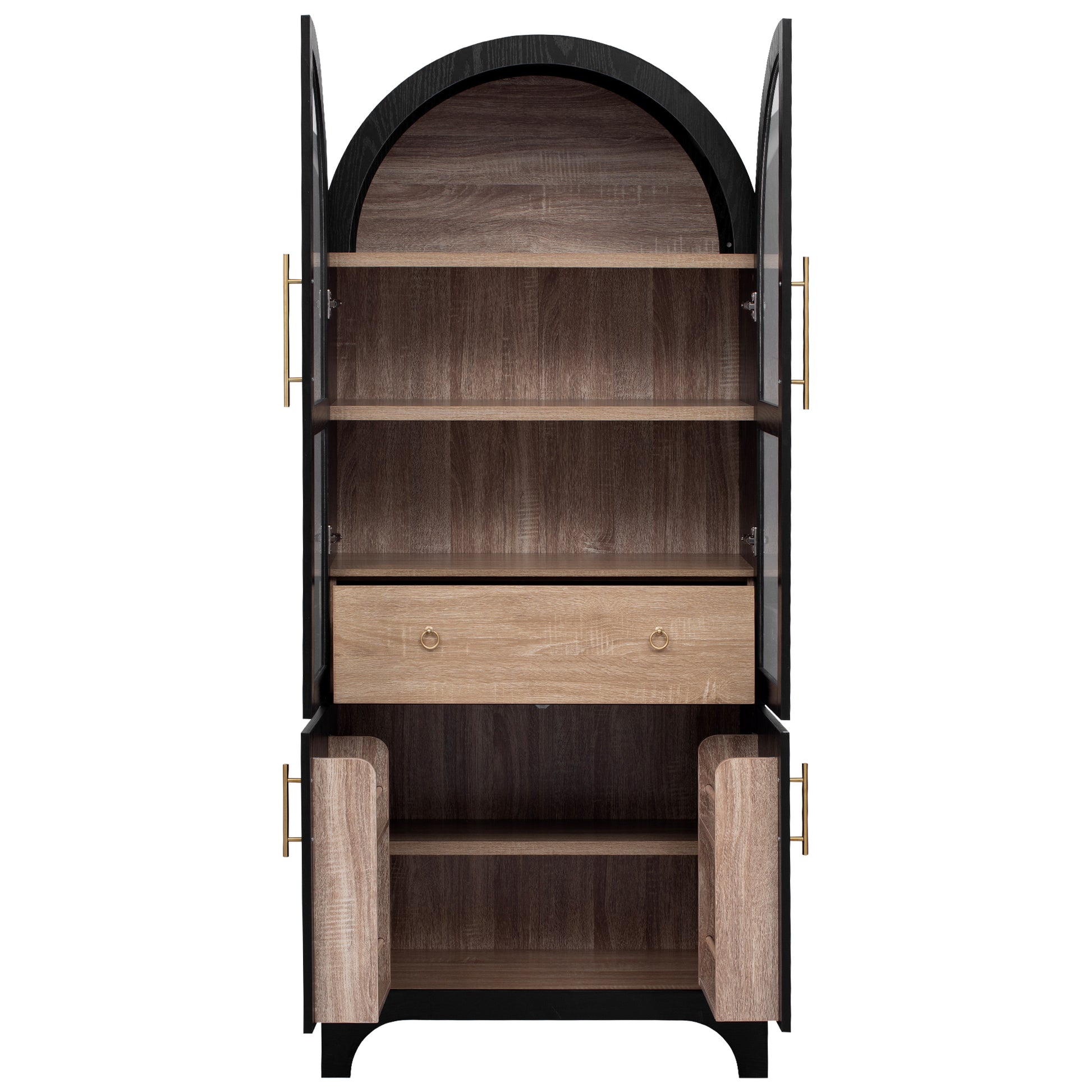 K&K 71" Tall Arched Kitchen Pantry Cabinet with Door Shelves, Farmhouse Kitchen Storage Cabinet with Open & Adjustable Shelves, Hidden Drawer & Glass Door, Cupboard for Kitchen, Dining Room, Black image 6