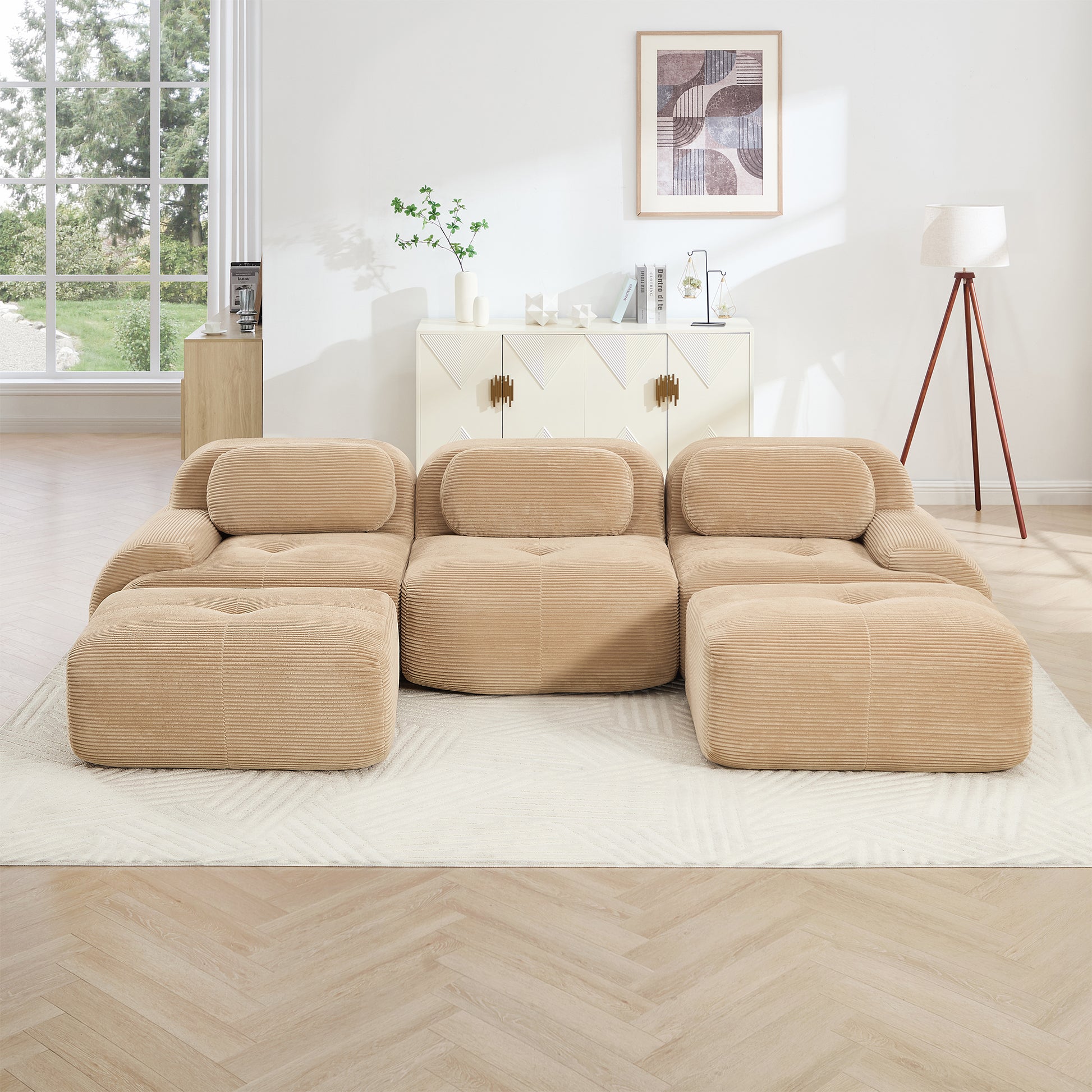 U-shaped modular sofa premiumCorduroy Fabric fabric no assembly anti-slip design pet-friendly extra-wide curved armrests 32D high-resilience sponge for living rooms bedrooms studie,Camel image 2