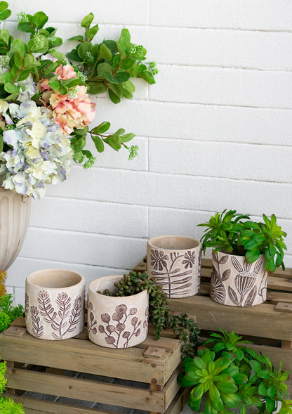Set of 4 4.3x4.3x4" Gray Sand and Cement Planters with Brown Botanical Motifs image 1