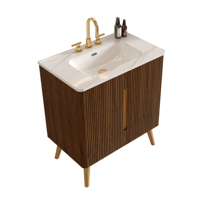 Etna 30"F Striped Walnut Bathroom Vanity with Carrara White Sink, Freestanding & Wall Mounted Bathroom Cabinet Options for Modern Bathrooms, KD image 4
