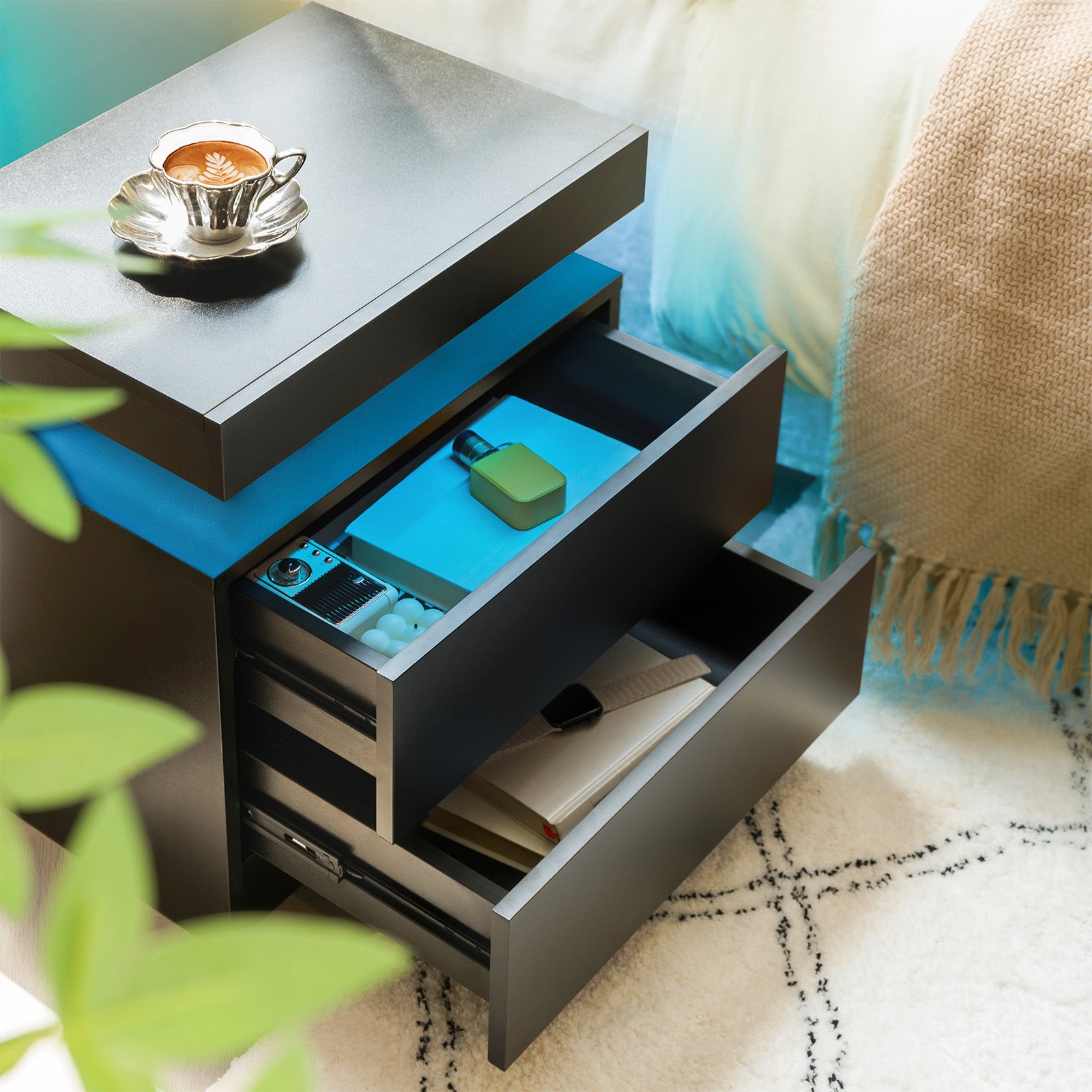 Nightstand LED Bedside Table Cabinet Lights Modern End Side with 2 Drawers for Bedroom (Black) image 5