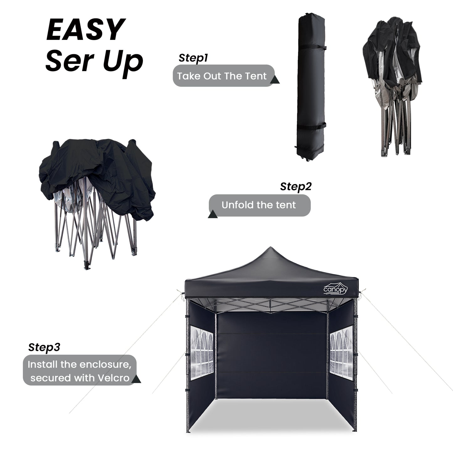 10x10 Pop Up Canopy, 3-in-1 9m Sidewall, Black Speckled Frame, Black Silver-Coated Top UPF50+ WR, 4 Heights 6.7-7.6ft, 1Sidewall+2 Windows, incl Stakes/Sandbags/Ropes/Bag for Market Camping Beach image 6