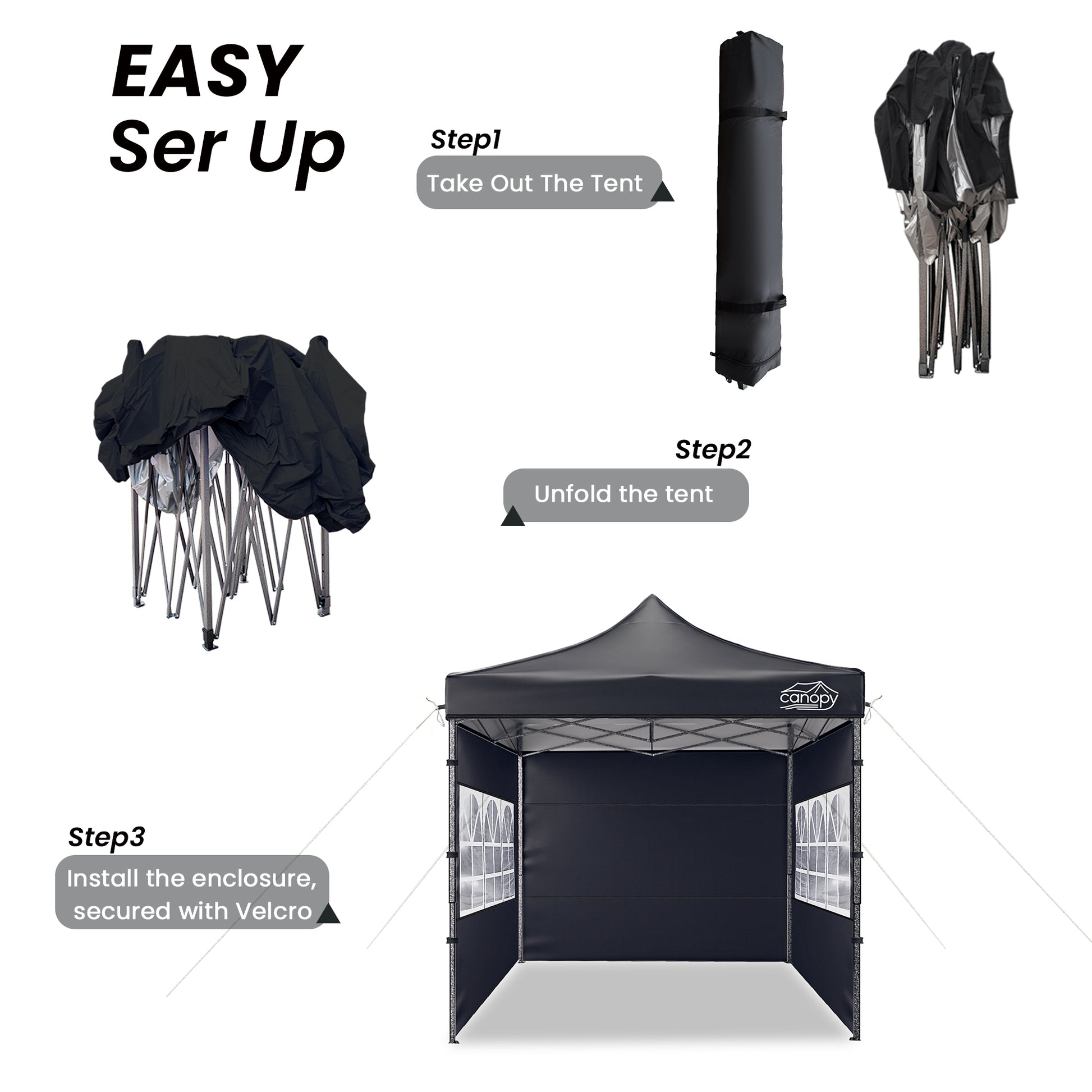 10x10 Pop Up Canopy, 3-in-1 9m Sidewall, Black Speckled Frame, Black Silver-Coated Top UPF50+ WR, 4 Heights 6.7-7.6ft, 1Sidewall+2 Windows, incl Stakes/Sandbags/Ropes/Bag for Market Camping Beach image 6