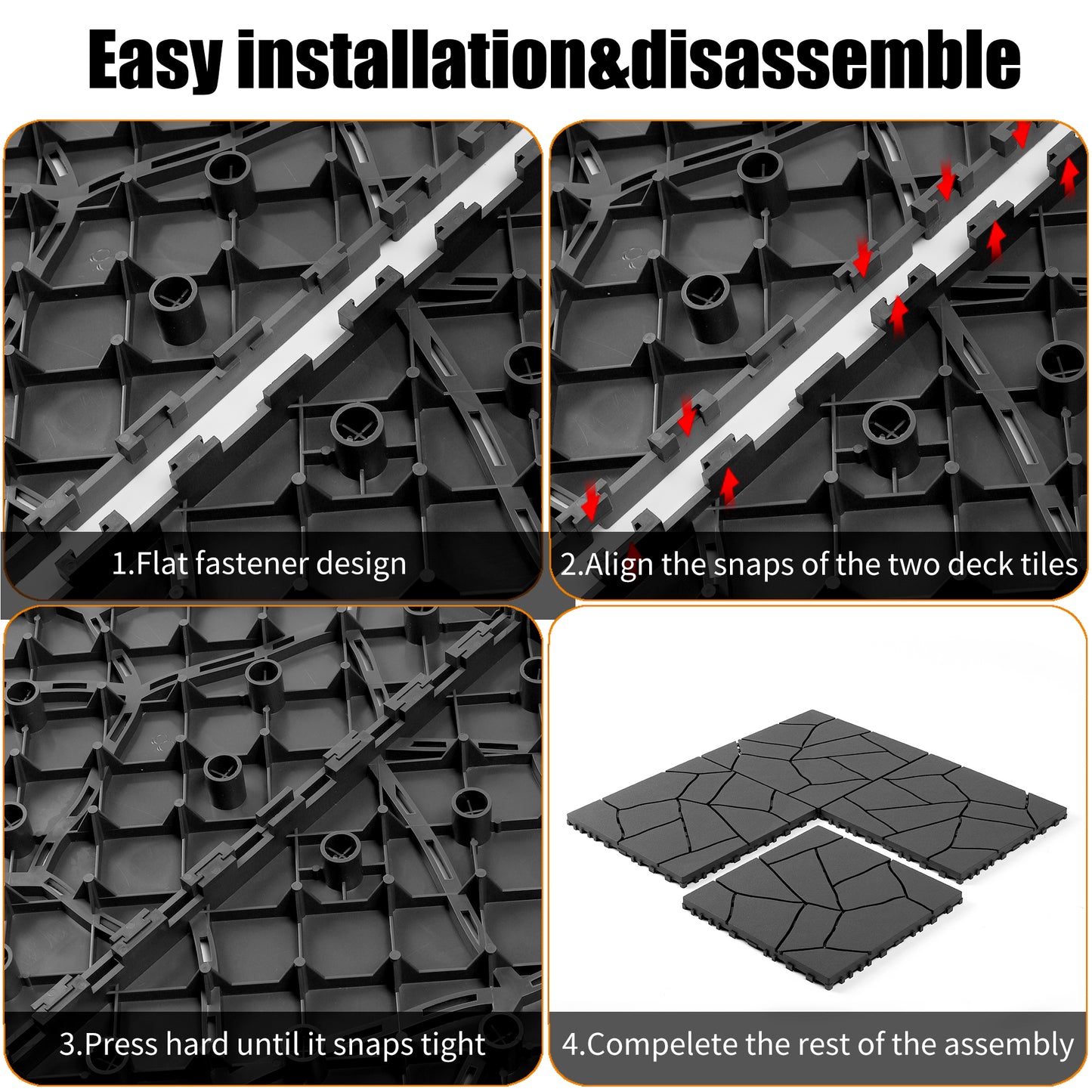 Stone Style 12" Patio Deck Tiles, DIY Module Interlocking Decking Tiles Floor Tile Outdoor and Indoor,Easy and Quick Installation Court Tiles for Porch Poolside Balcony Backyard 44pcs,dark gray image 3