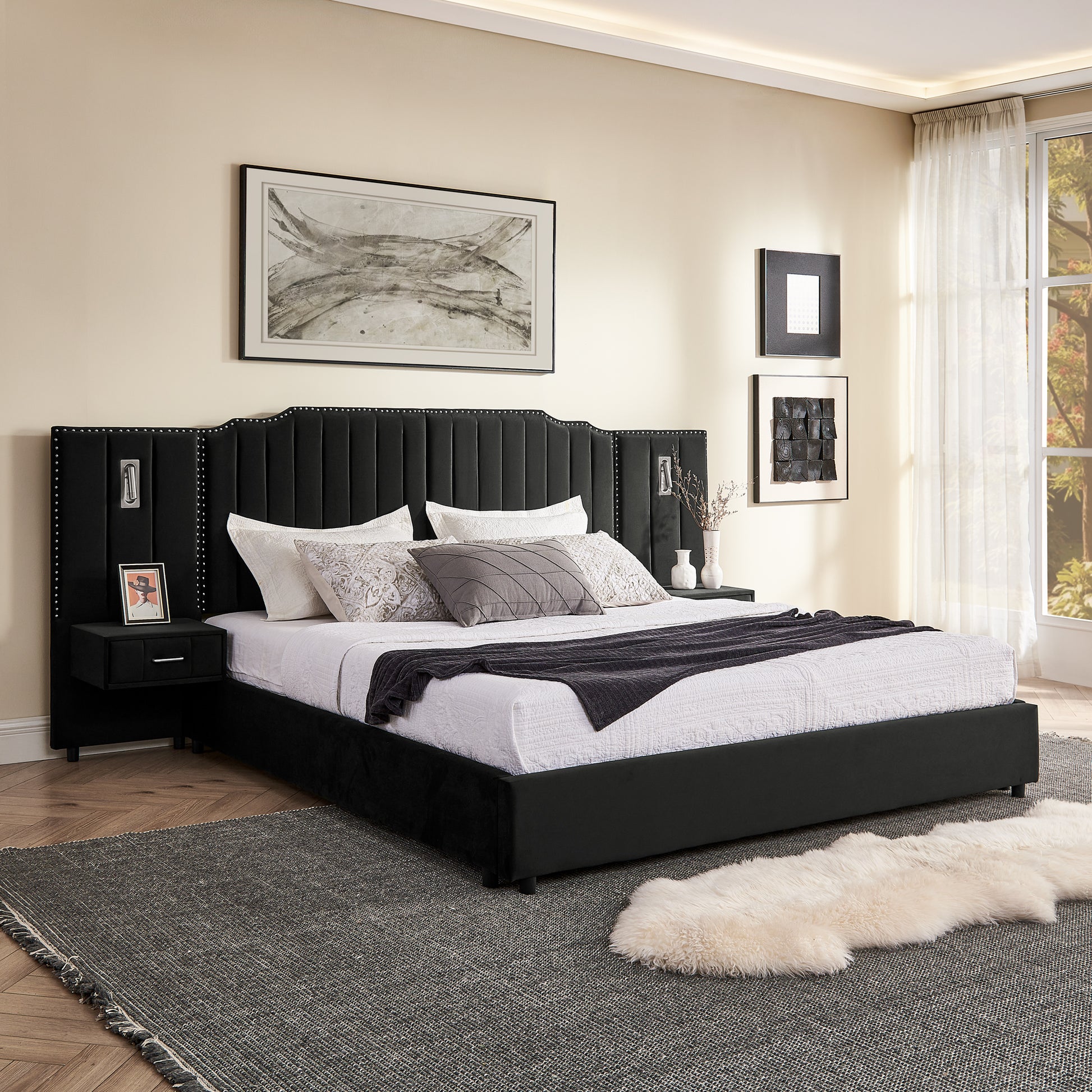King Size Upholstered Bed Frame with Velvet Fabric, Vertical Stripe Design with Buttons Around King Size Platform Bed with Headboard, Solid Frame & Bedside Table - No Box Spring Needed-Black image 2