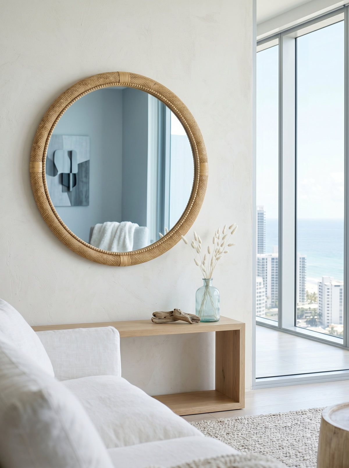 31.9" Woven Rattan Decorative Round Mirror with Wrapped Accents image 1