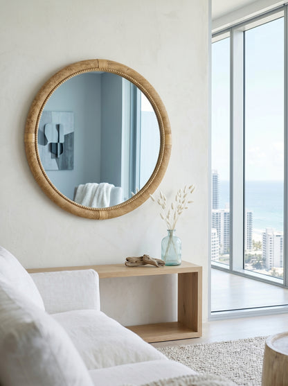 31.9" Woven Rattan Decorative Round Mirror with Wrapped Accents image 1