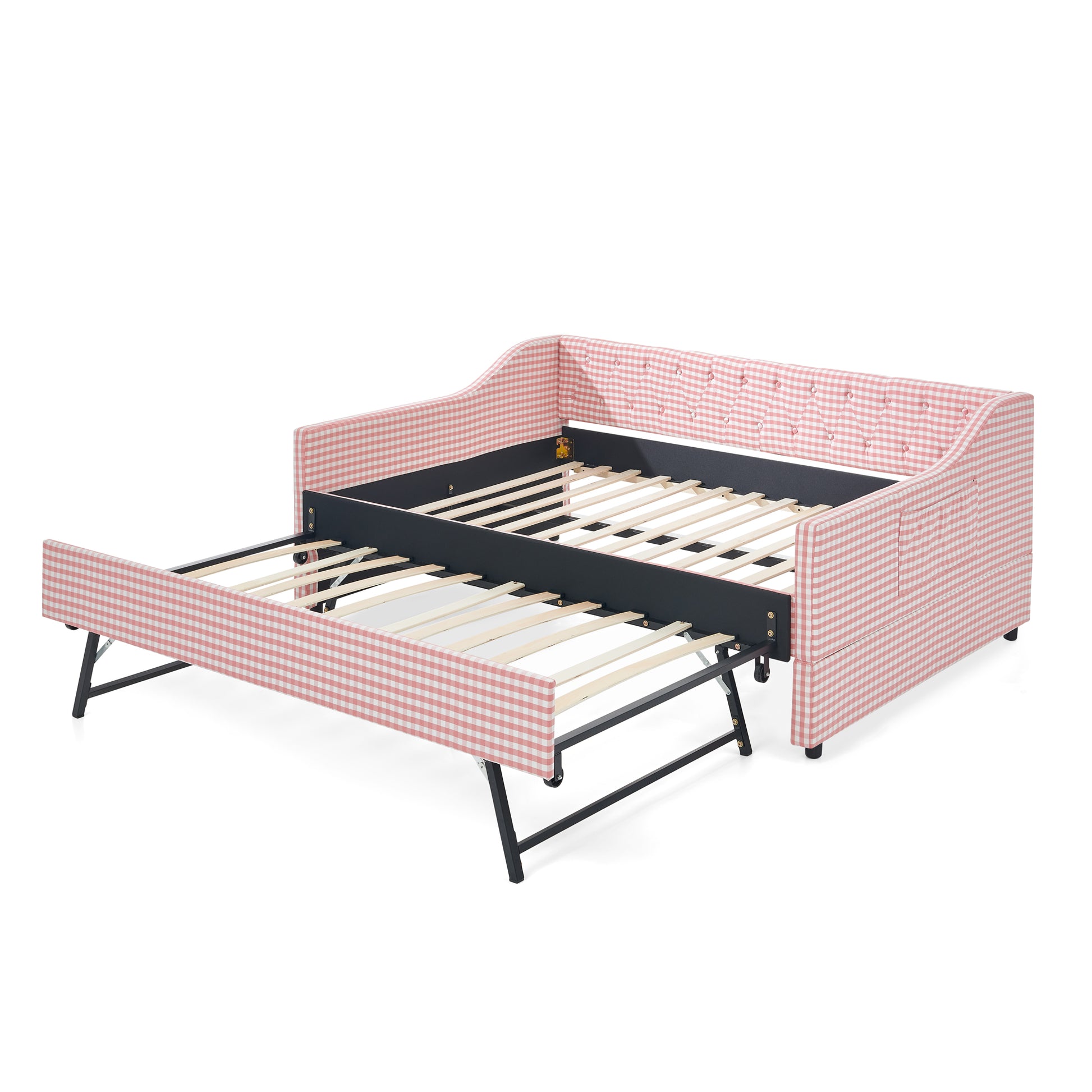 Full‑Size Daybed,Upholstered Convertible Daybed with Tufted Button Backrest, 3‑in‑1 Versatile Sofa Bed with Pull‑Out Trundle & Side Storage, Perfect for Compact Living-Pink image 11