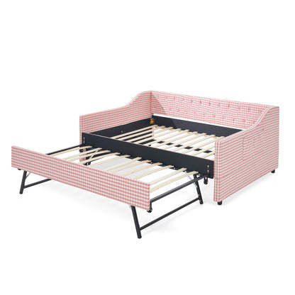 Full‑Size Daybed,Upholstered Convertible Daybed with Tufted Button Backrest, 3‑in‑1 Versatile Sofa Bed with Pull‑Out Trundle & Side Storage, Perfect for Compact Living-Pink image 11