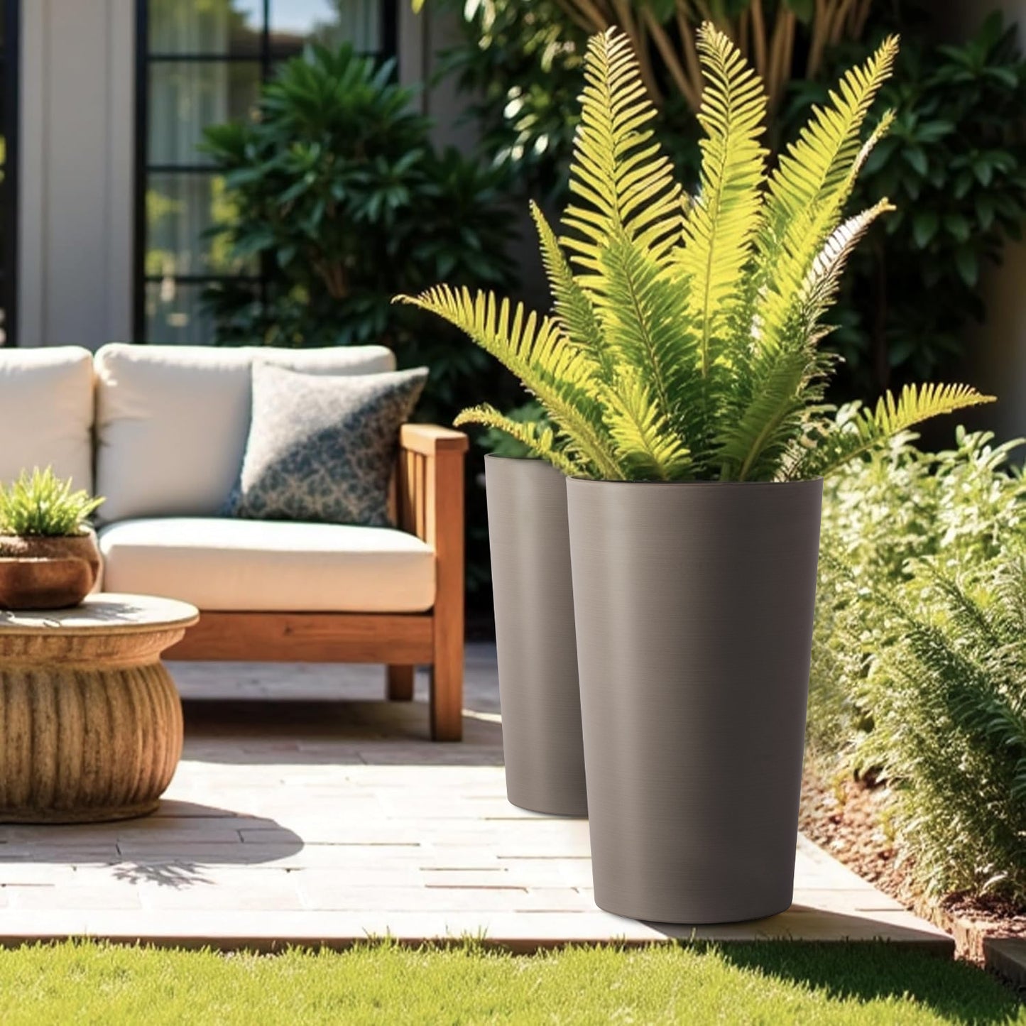 2 Pack Tall 21.7 in Planters for Outdoor Plants Modern Tall Square Planter Box Indoor Outdoor Porch Patio Flower Pot Modern Big Tapered Matte Tree Flower Pot for Garden, (Brown) image 7