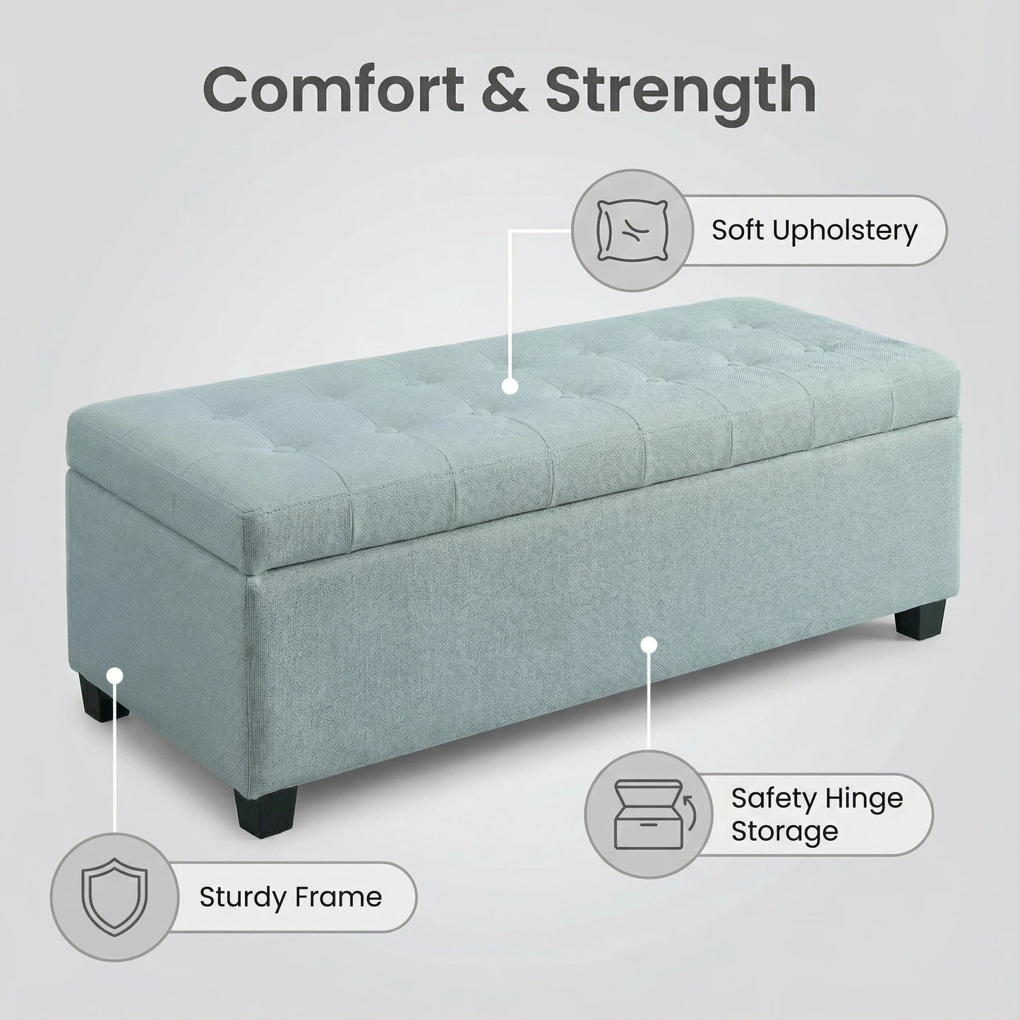 Storage Ottoman, Storage Bench, Tufted Entryway Bedroom Bench, 49.75Inches, Hinges Easy Lid Operation, Wooden Legs, Polyester fabric, Loads 300 lb,Baby Blue image 7