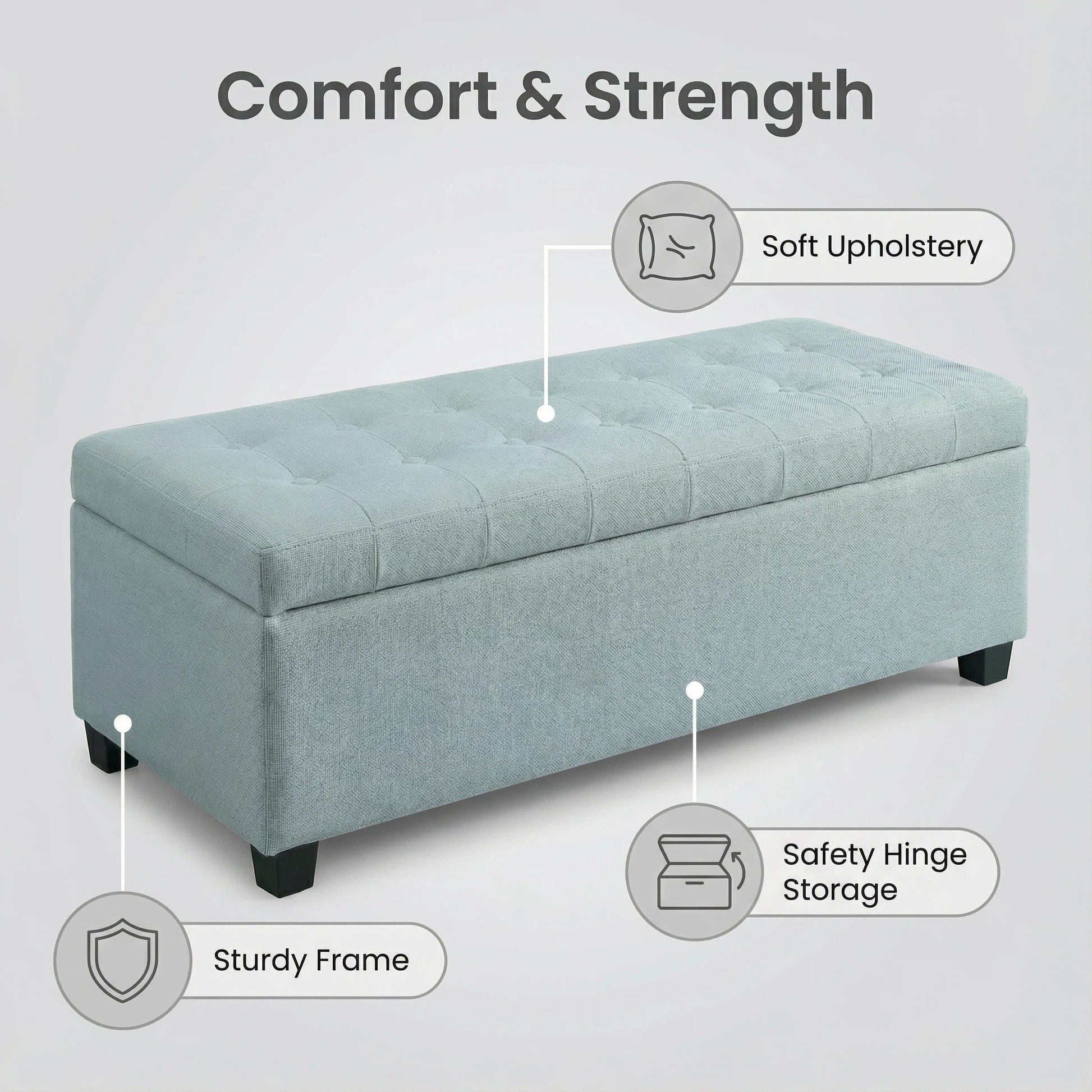 Storage Ottoman, Storage Bench, Tufted Entryway Bedroom Bench, 49.75Inches, Hinges Easy Lid Operation, Wooden Legs, Polyester fabric, Loads 300 lb,Baby Blue image 7