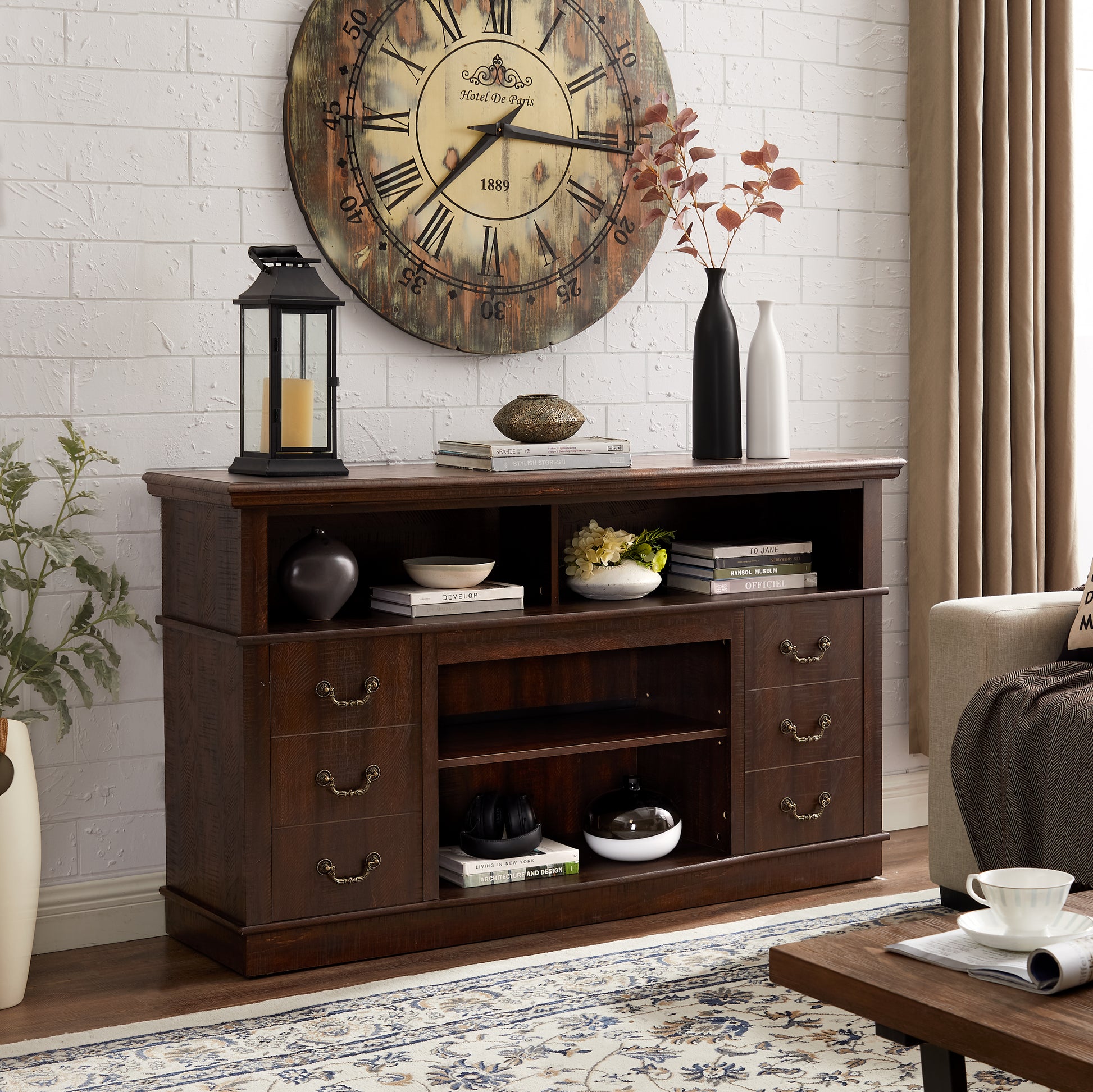 Retro TV Stand with Storage for TVs up to 65'', Mid Century Modern TV Stand & Entertainment Center with Shelf,TV Stand for Media,TV Console Table for Living Room Espresso 60"W*15.75"D*34.25"H image 3