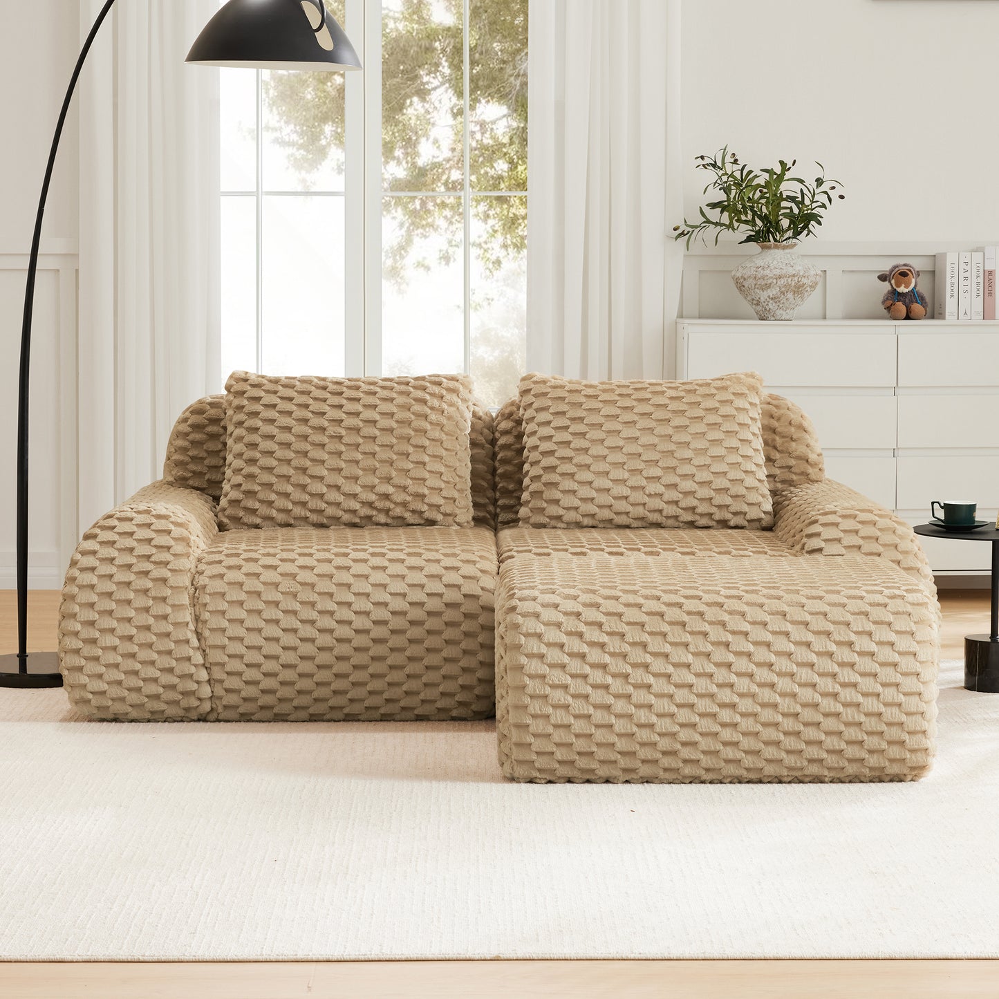 82" Modern L-Shaped Modular Sectional Sofa for Living Room,Flannelette Fabric,Oversized 2-Seater Couch,boneless sofa,Movable Ottoman,Buckle connection,Anti-slip Design,No Assembly,Light Camel image 2
