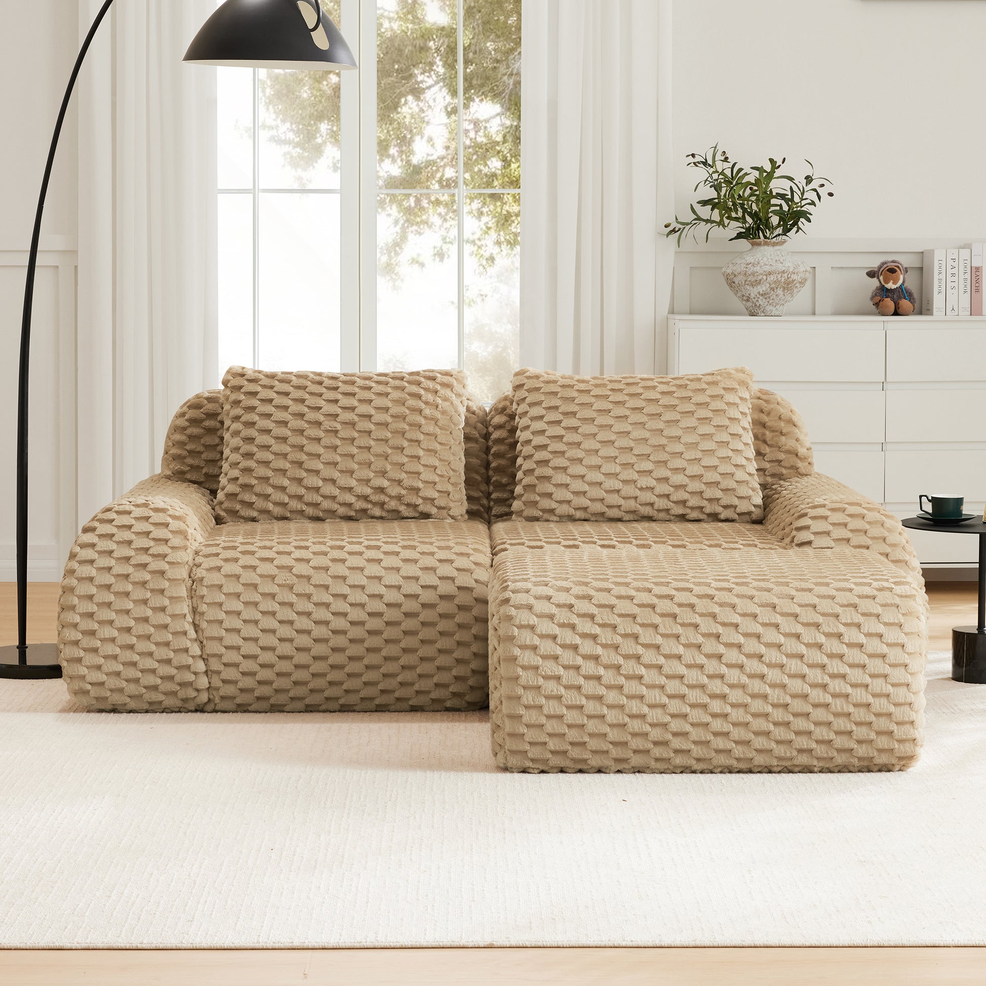 82" Modern L-Shaped Modular Sectional Sofa for Living Room,Flannelette Fabric,Oversized 2-Seater Couch,boneless sofa,Movable Ottoman,Buckle connection,Anti-slip Design,No Assembly,Light Camel image 2