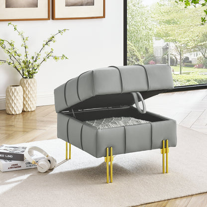 22 inches Anti-scratch Leather Storage Ottoman, Pet Friendly Entryway Bench with Golden Stainless Steel Legs, Gray image 2