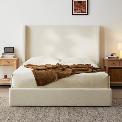 Carmen Upholstered Wingback Bed / Upholstered Platform Bed Frame / 52.3" High Headboard / Simplicity / Minimalist / No Box Spring Needed / Easy Assembly / King/ Ivory Boucle / No Noise image 1