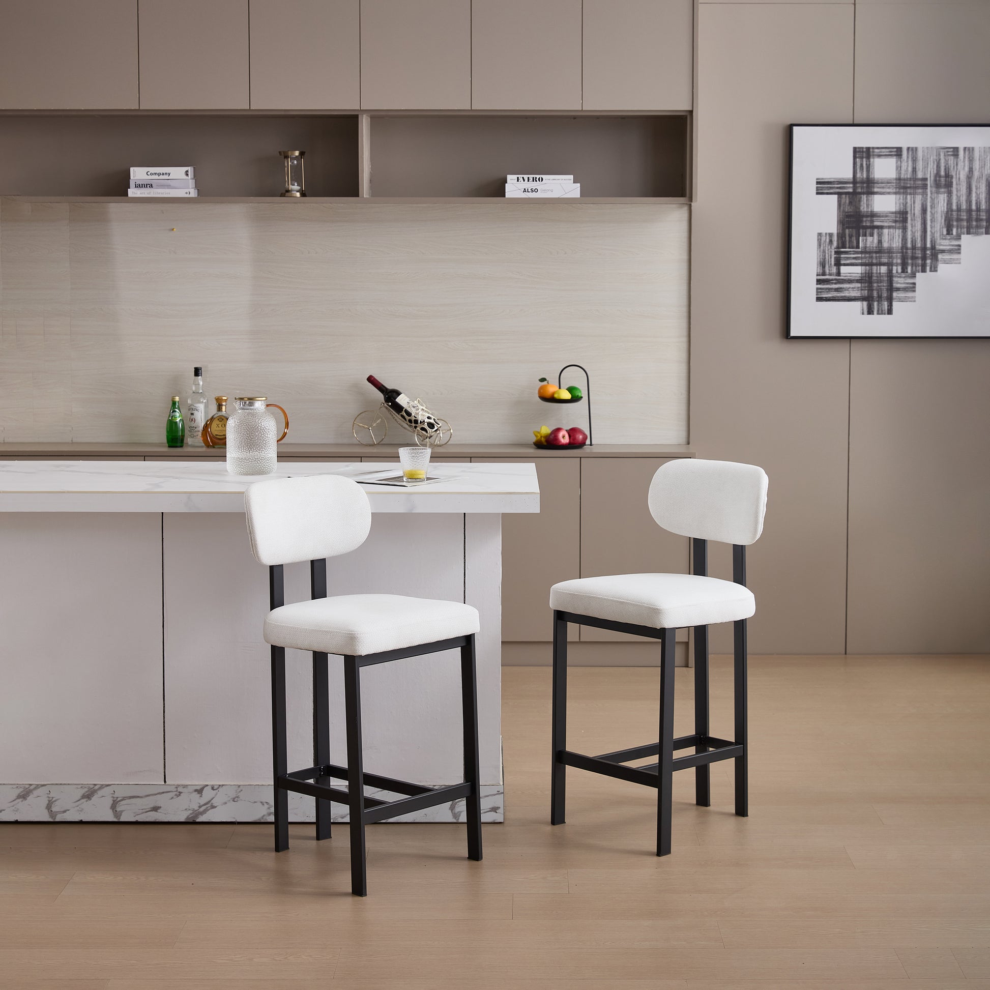 Bar Stools Set of 2, 26 inch Modern Upholstered Fabric Counter Height Barstools, Kitchen Island Chairs with Black Metal Legs for Dining Room/Kitchen Island/Bar image 1
