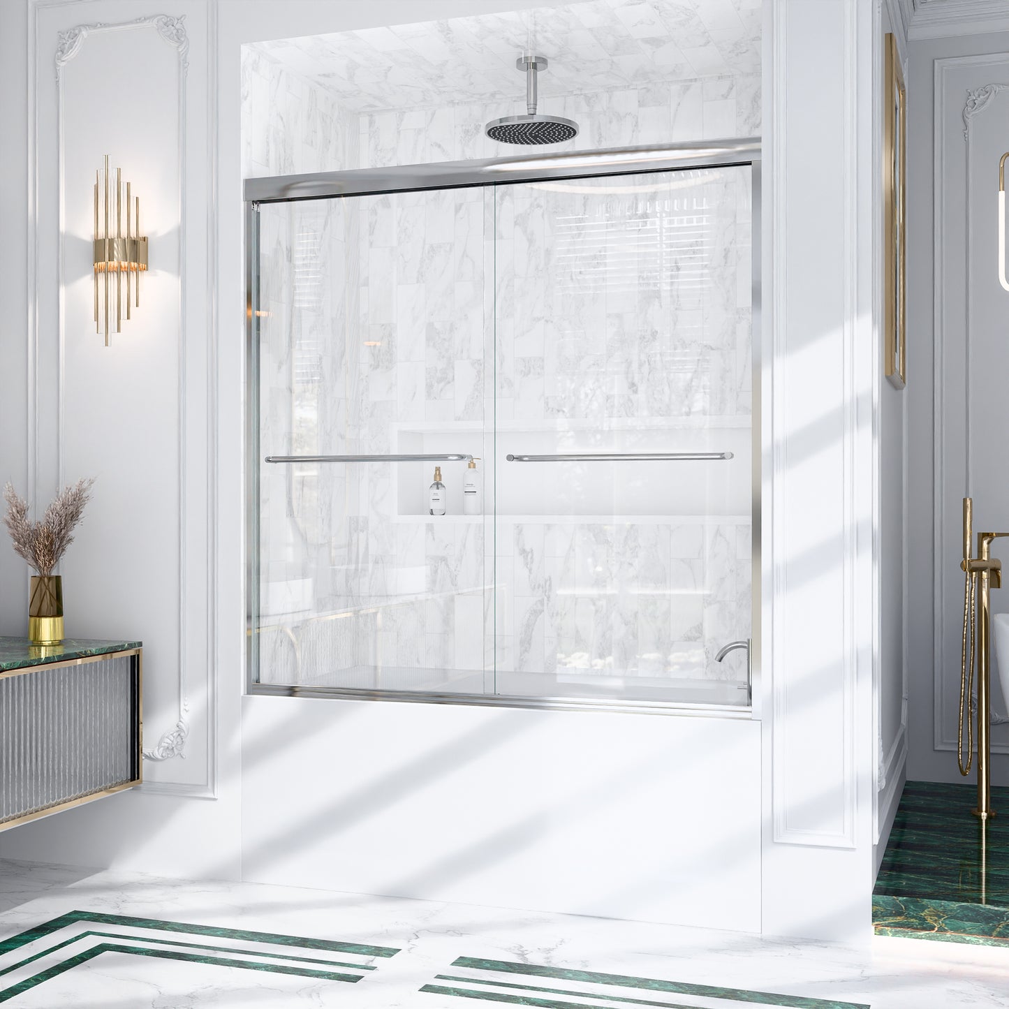 56"-60"W*60" H Semi-Frameless Double Sliding Shower Door, Bypass Shower Door, 1/4" (6mm) Thick SGCC Tempered Glass Door,Chrome image 4
