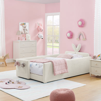 Twin Size Upholstered Platform Bed with Cute Rabbit Ear Shaped Headboard, with Safety Rail and Pocket, Boucle Fabric, Beige image 1