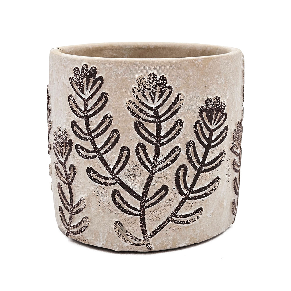 Set of 4 4.3x4.3x4" Gray Sand and Cement Planters with Brown Botanical Motifs image 5