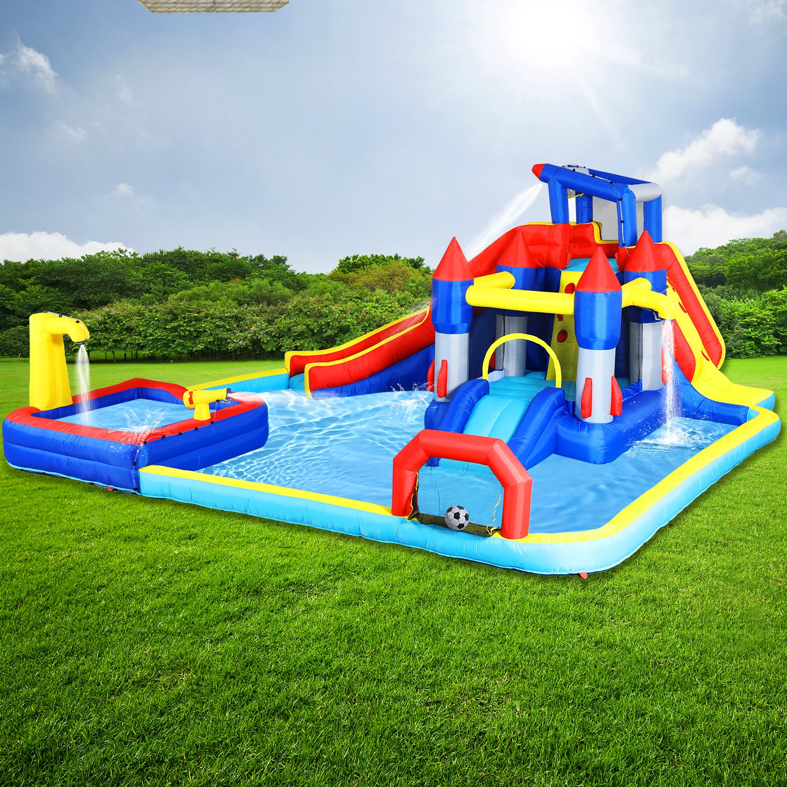10 in1 Inflatable slide water park bouncing house garden with splash pool & water gun & basketball & climbing wall & dual pools & soccer image 11