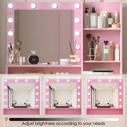 Vanity Desk with Mirror & Light, Large Drawer Three Level Storage Dresser, 3 Lighting Modes Adjustable Brightness, Bedroom Dressing Table(Pink) image 10