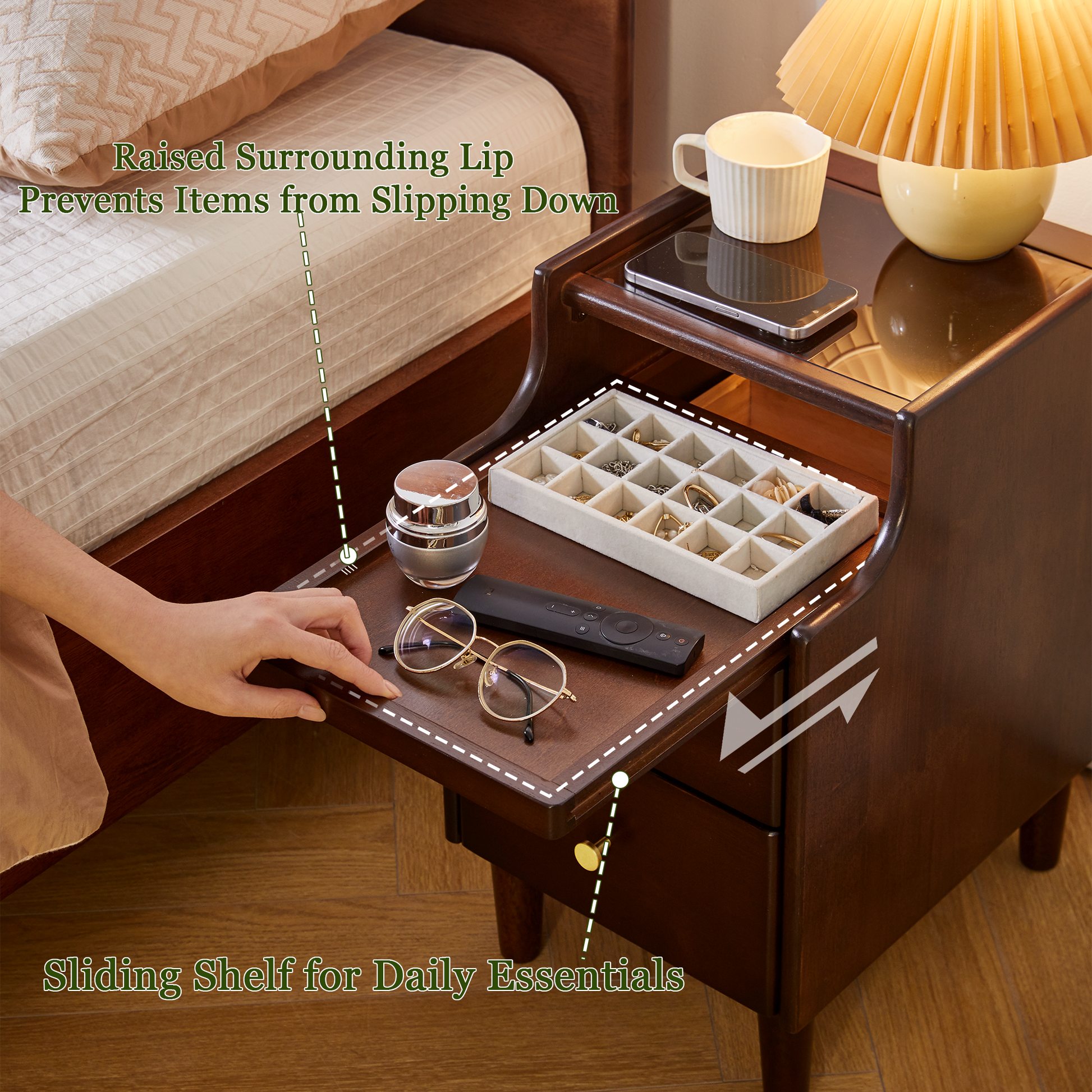Solid Wood Nightstand with Two Drawers and Pull-out Panel Storage Bedside Table and Sofa Side Table image 12