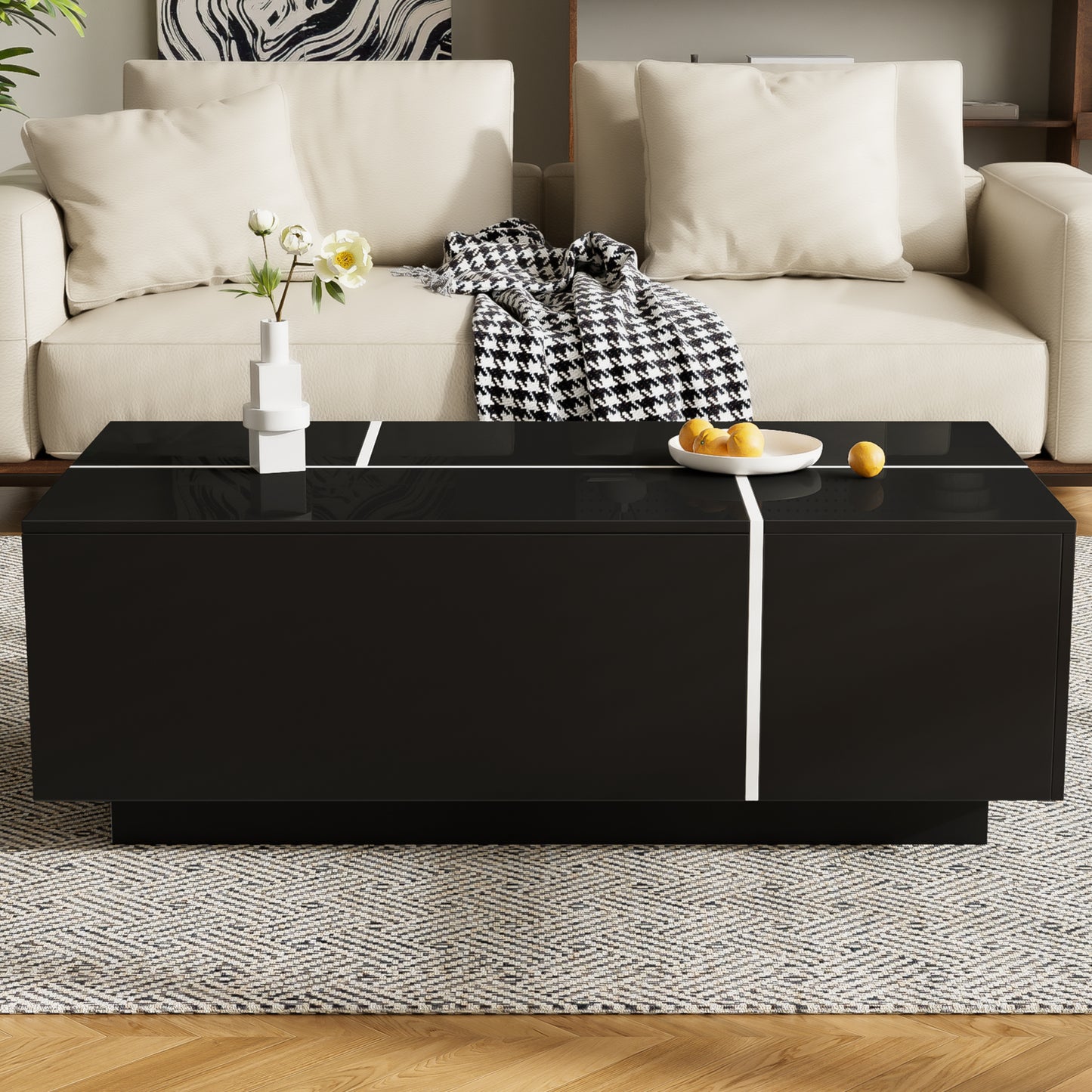 U-Can 47.2''-72.7'' Extendable Coffee Table, Multi-Functional Coffee Table with High-Gloss Finish, Coffee Table with 2 Hidden Storage Space and 2 Drawers for Living Room image 2