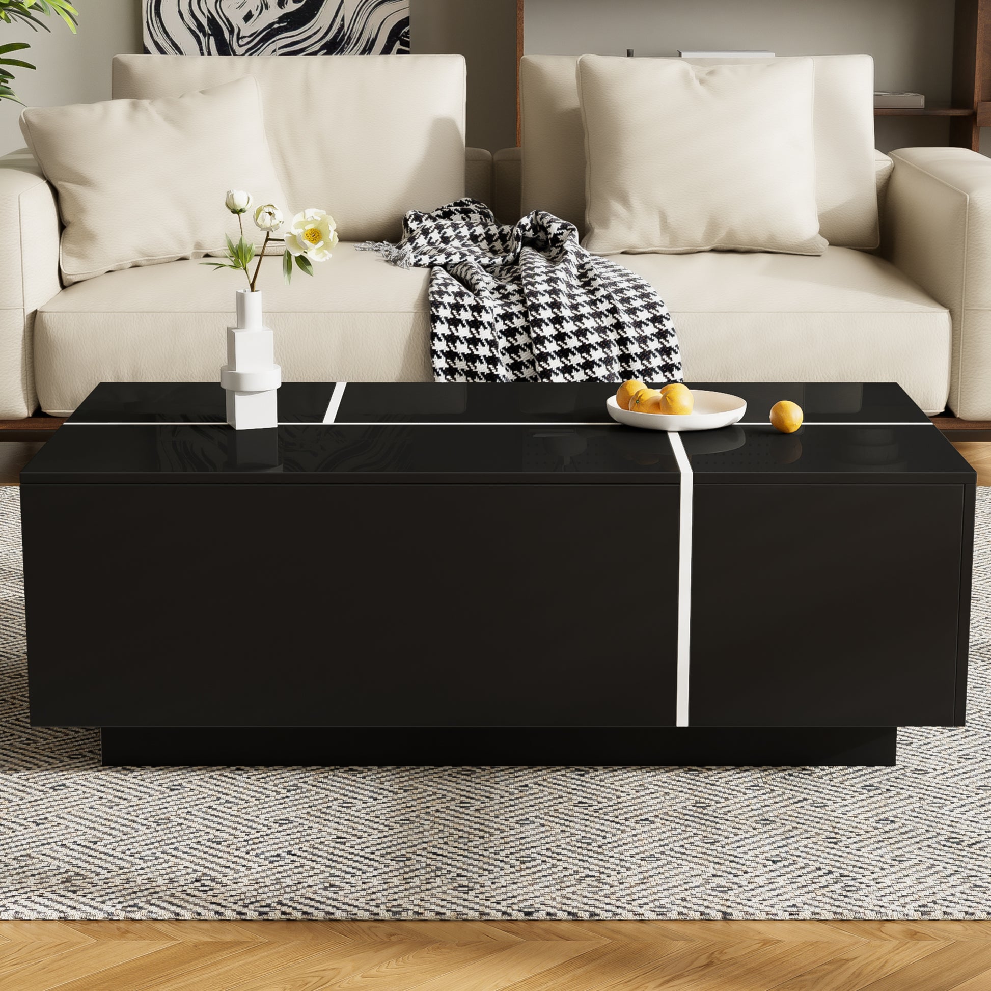 U-Can 47.2''-72.7'' Extendable Coffee Table, Multi-Functional Coffee Table with High-Gloss Finish, Coffee Table with 2 Hidden Storage Space and 2 Drawers for Living Room image 2