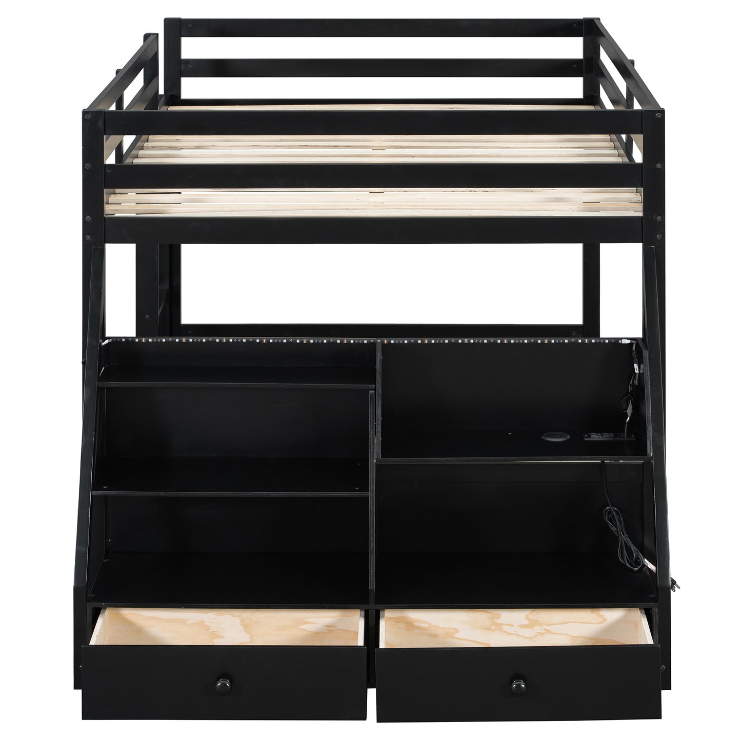 Full Bunk Bed with APP-Controlled LED Lights (7 Colors), USB Ports, Storage Shelves and 2 Drawers, Black image 7
