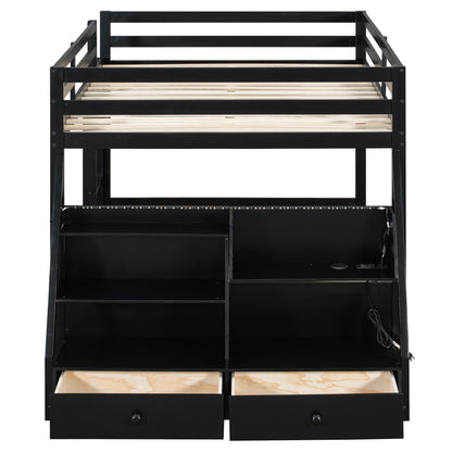 Full Bunk Bed with APP-Controlled LED Lights (7 Colors), USB Ports, Storage Shelves and 2 Drawers, Black image 7