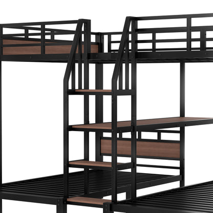 Queen over Twin over Twin Metal Bunk Bed,triple metal bunk bed with Storage shelves and storage stairs,Black image 11
