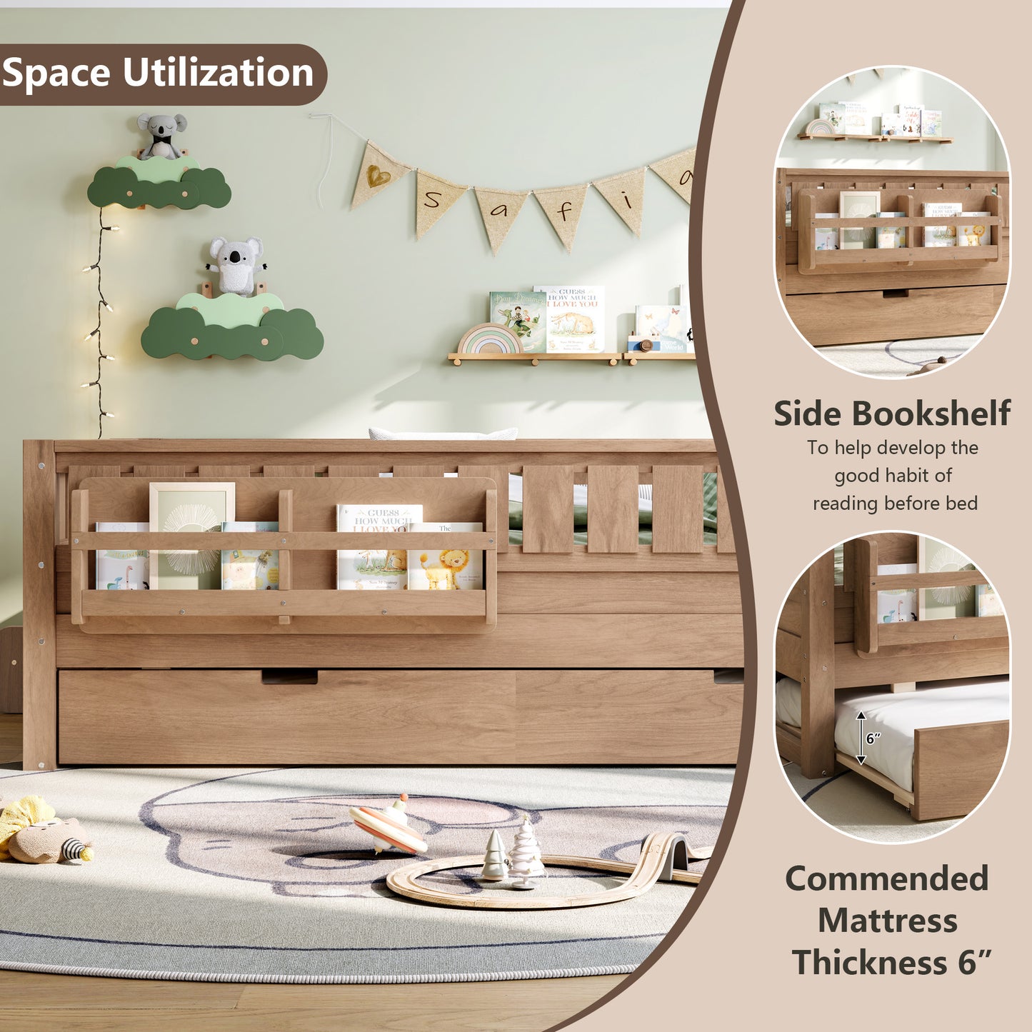 Full with built-in bookshelves and small staircase, high-quality safety rails, and Trundle,Natural image 6