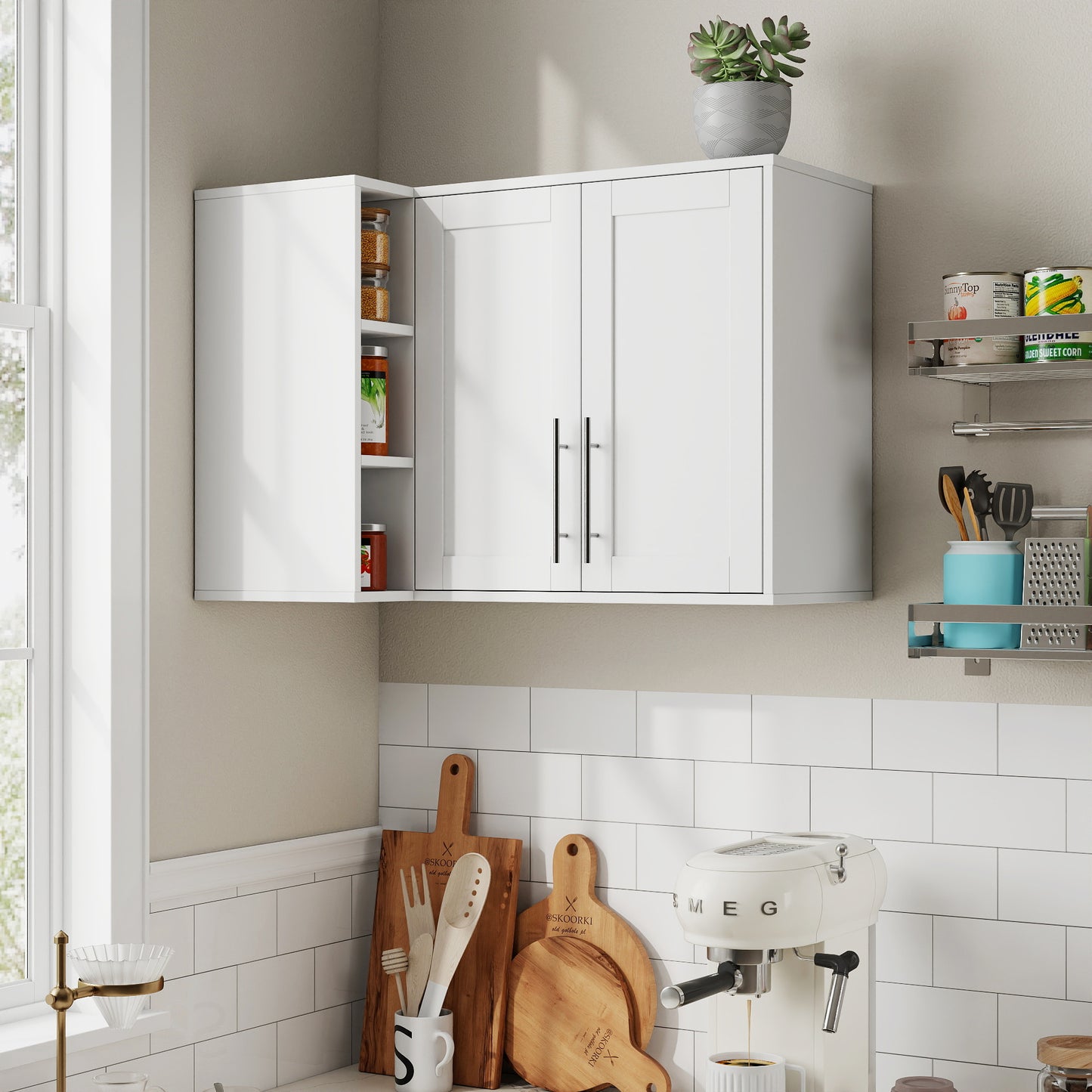 L Shape Wall Mounted Kitchen Sideboard Cabinet with 2 Door, 3 Layers Shelves, Storage Buffet Cabinet for Bathroom, Dining Rooms image 4