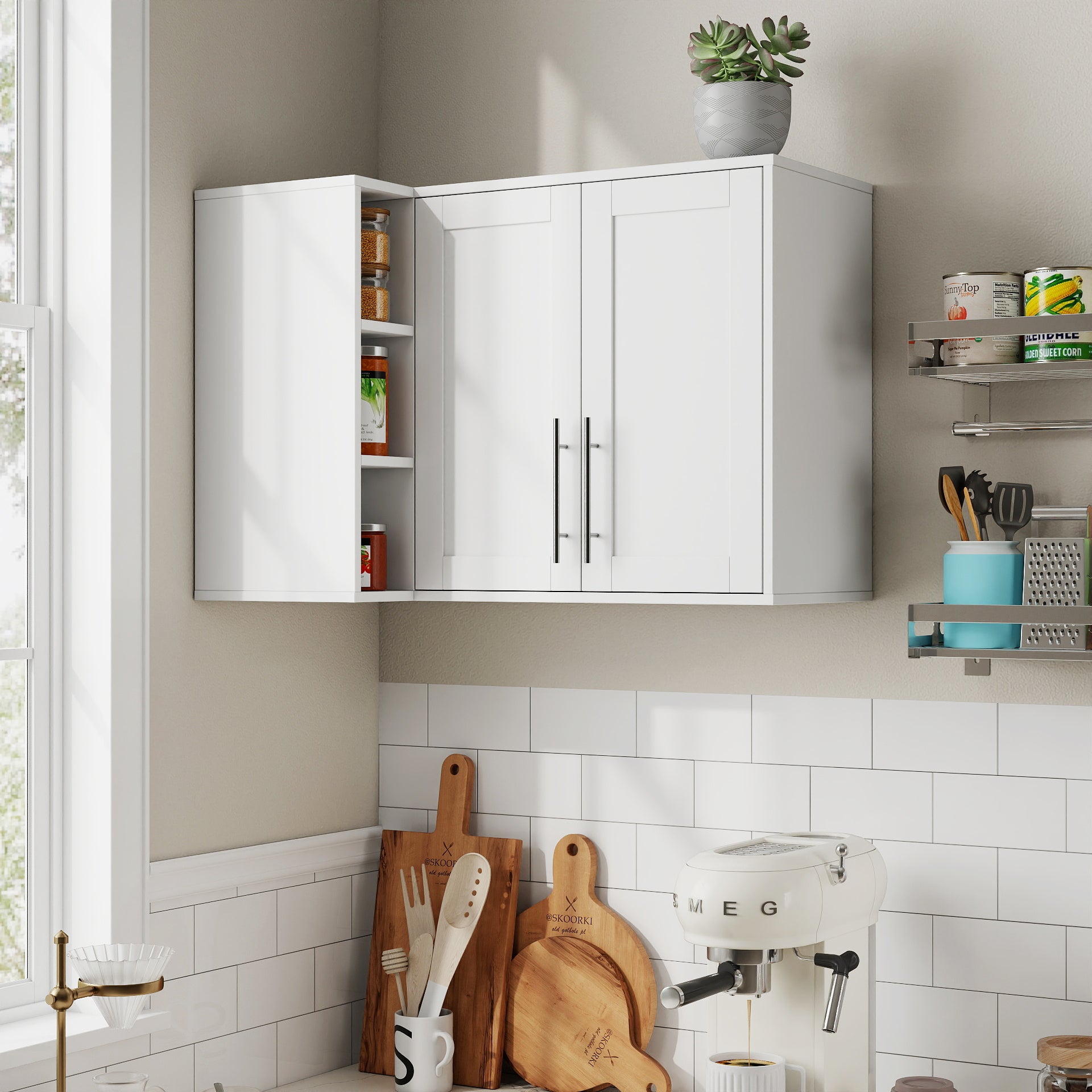 L Shape Wall Mounted Kitchen Sideboard Cabinet with 2 Door, 3 Layers Shelves, Storage Buffet Cabinet for Bathroom, Dining Rooms image 4