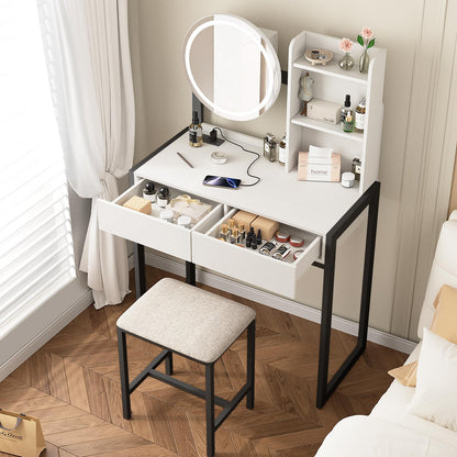 Small Vanity Desk with Mirror and Lights, Makeup Vanity Table with LED Mirror, 3 Lighting Modes, Power Outlet, Drawer, Open Shelves and Cushioned Stool for Bedroom (White and Black) image 7