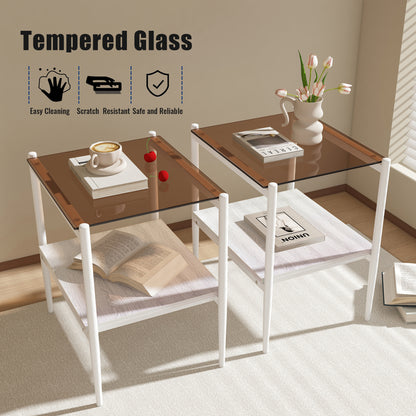 Set of 2 Rectangle End Table, Tempered Glass Tabletop with MDF layer, Modern Table for Living Room, Brown Glass image 8