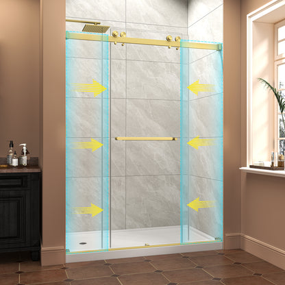 55"-60" W x 76" H Brushed Gold Reversible Installation Double Bypass Sliding Shower Door Easy Installation Frameless Shower Door,5/16"(8MM) Tempered Glass With Nano Explosion-proof Film image 2