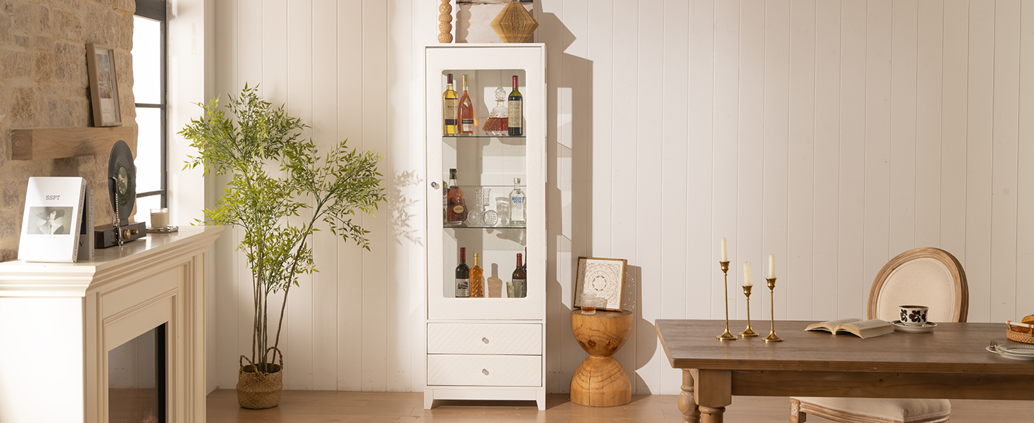 71'' Freestanding Upholstered Display Cabinet, Upholstered Glass Door Cabinet with Ceiling Light,Wine Cabinet with Adjustable Shelves, for Livingroom, Kitchen, Bar & Dining Room - White image 12