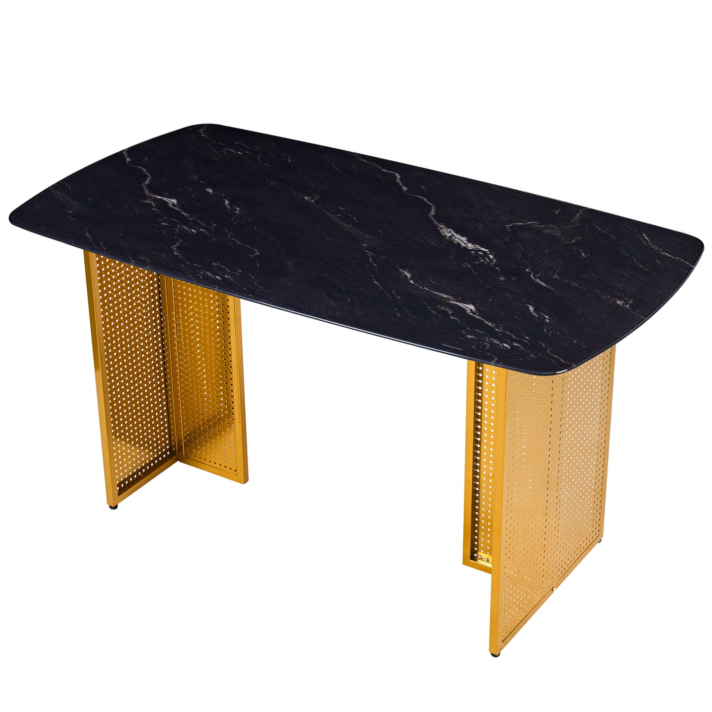 Modern-Style Rectangular Tempered Glass Dining Table for 6, Featuring a Marble-Patterned Design with Golden Hollow-Out Metal Legs, an Ideal Dining Table for Living Rooms and Home Offices. image 6
