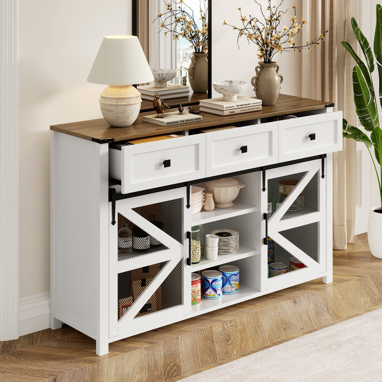 U_Style 55'' Sliding Barn Door Sideboard Buffet Cabinet with 3 Drawers, Adjustable Shelves, Metal Mesh & Particleboard Doors, Aluminum Handles, Industrial Storage for Living or Dining Room image 2