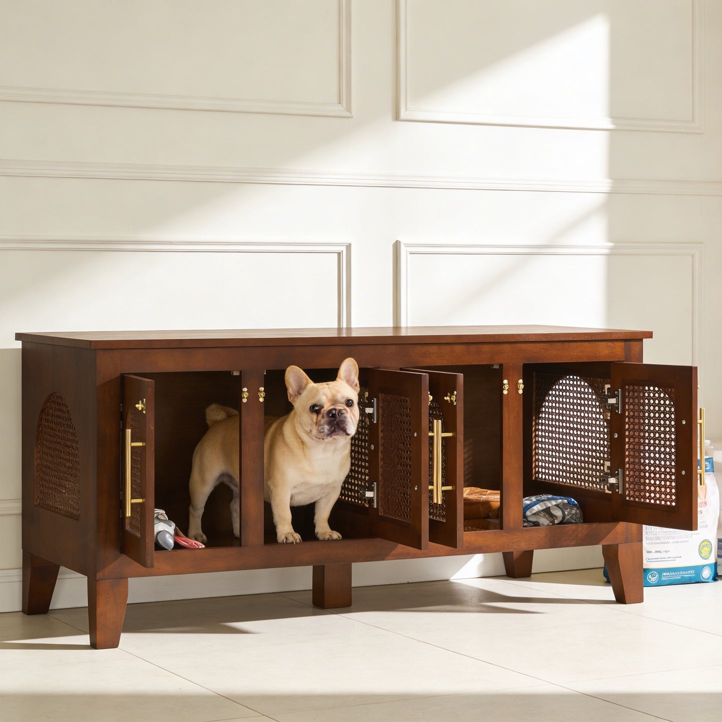 Lars Indoor Rattan Decorated Rubber Wood Dog Crate Cabinet Furniture – Stylish Pet Kennel with 4 Doors for Living Room image 2