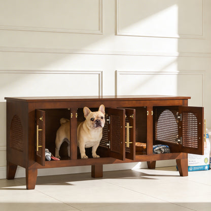 Lars Indoor Rattan Decorated Rubber Wood Dog Crate Cabinet Furniture – Stylish Pet Kennel with 4 Doors for Living Room image 2